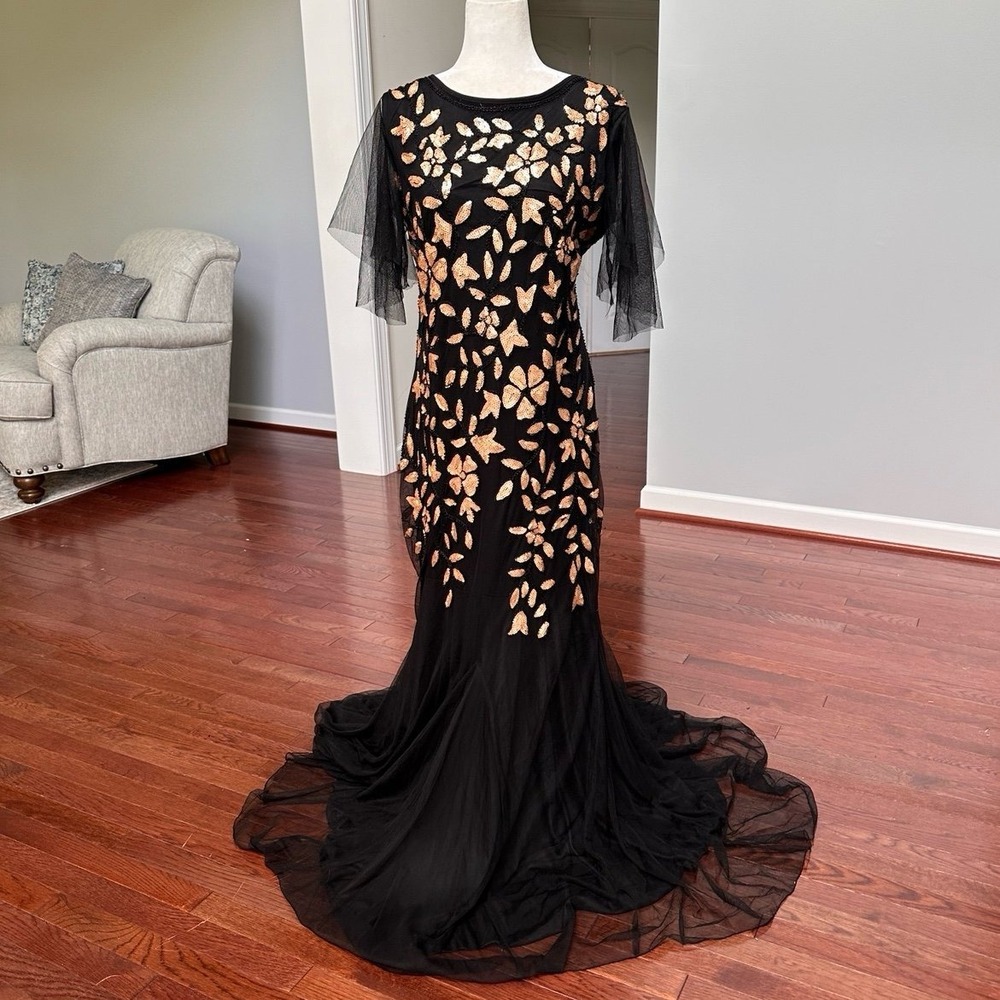 Vintage Y2K Embellished Black‎ Gold Beaded Formal Gown Dress Tulle Etherial Sexy